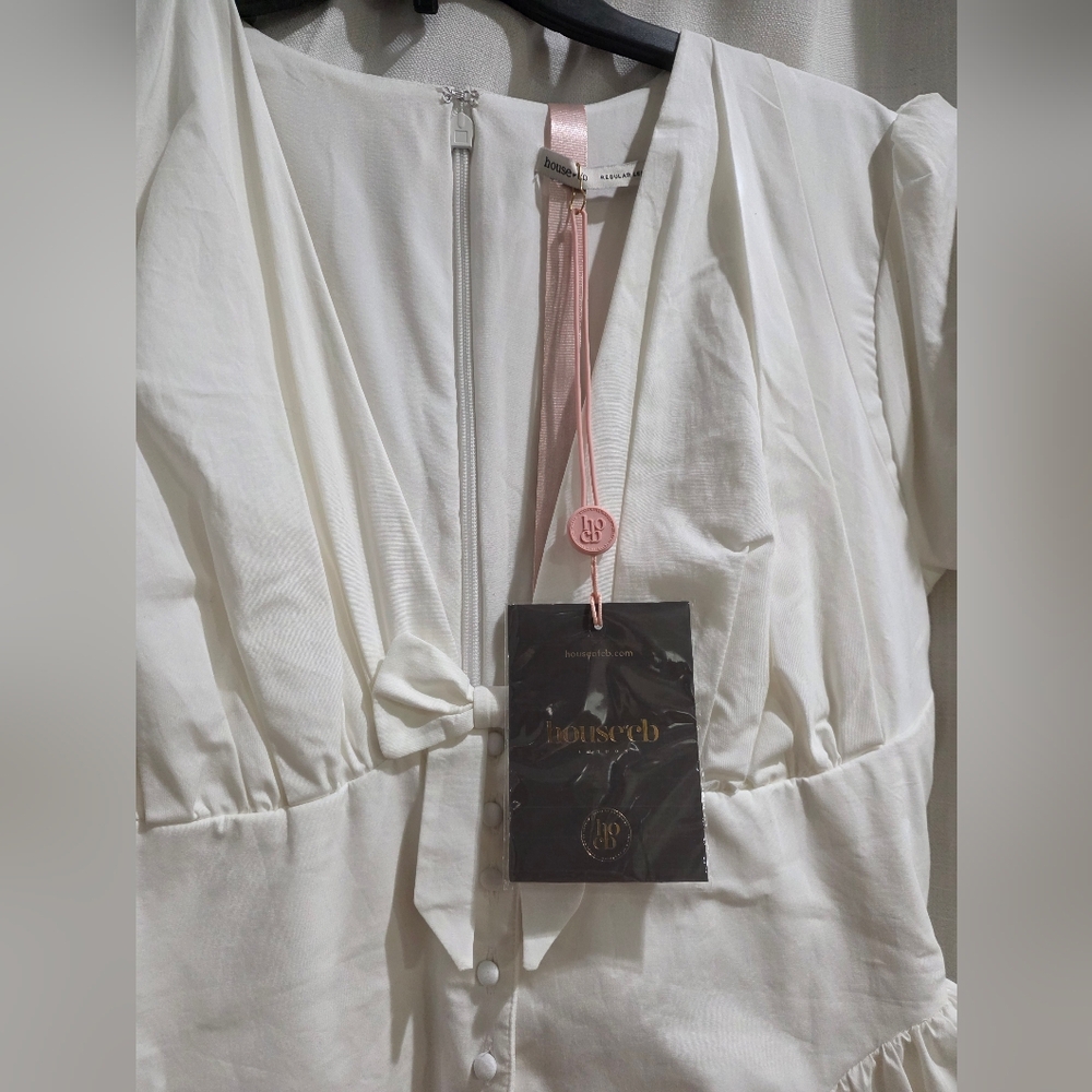 House Of CB Emiliana white stretch cotton Plunge mini dress L NWT - Picture 5 of 7